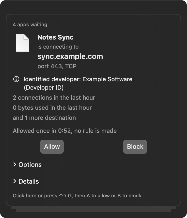 Gate prompt: Notes Sync is connecting to sync.example.com on port 443, TCP. Identified developer. Allow and Block buttons, with Options and Details below.
